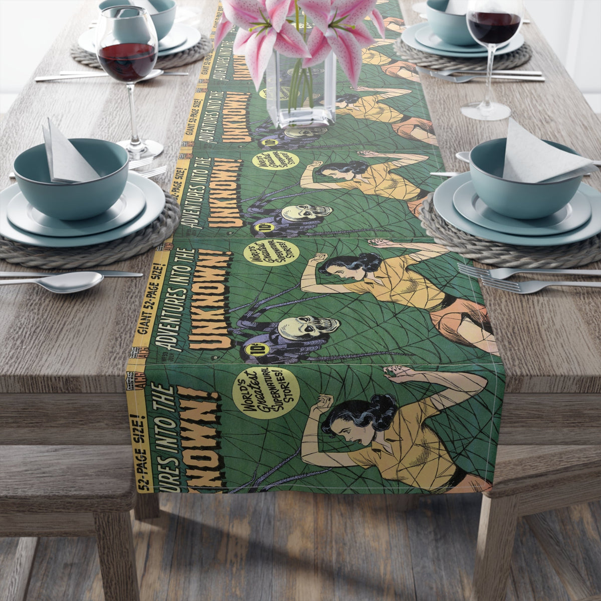 Adventures Into The Unknown Vintage Horror Gothic Comic Book Cover Retro Halloween Print Cotton Poly Table Runner