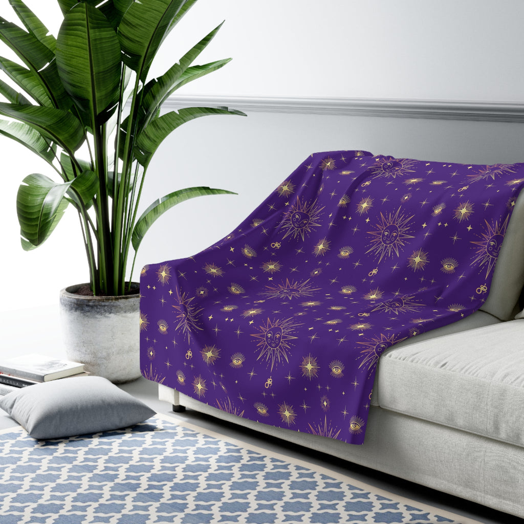 Gold Sun Stars Celestial Tarot Purple Sherpa Fleece Blanket