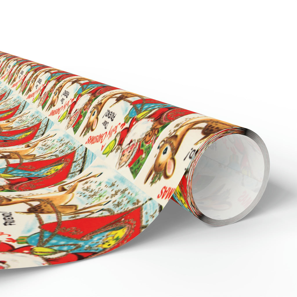 A Jolly Christmas Dear Friend Santa In Sleigh With Reindeer Mid Century Retro Christmas Print Holiday Gift Wrap Paper - Glossy Or Matte