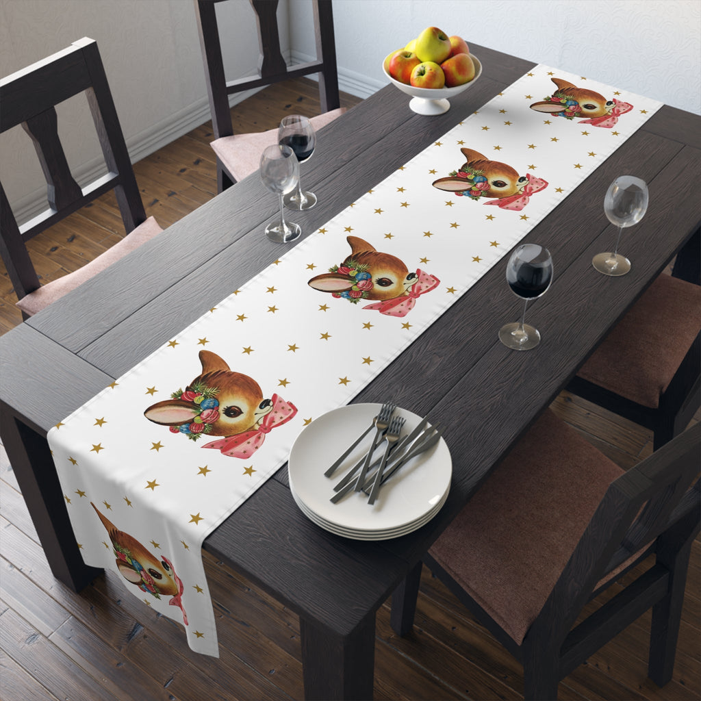 Reindeer Gold Stars Mid Century Retro Christmas Print Home Decor Cotton Poly Table Runner