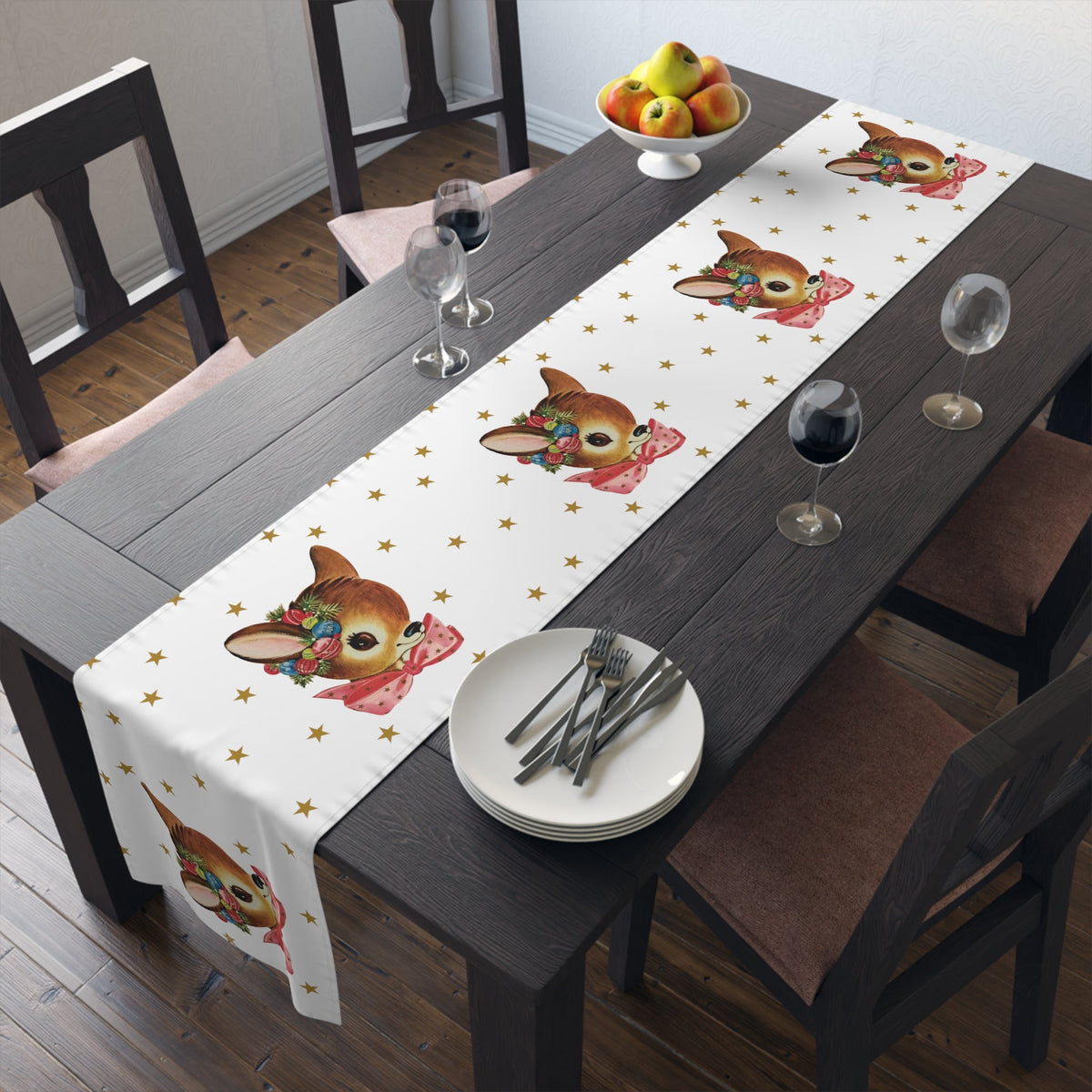 Reindeer Gold Stars Mid Century Retro Christmas Print Home Decor Cotton Poly Table Runner