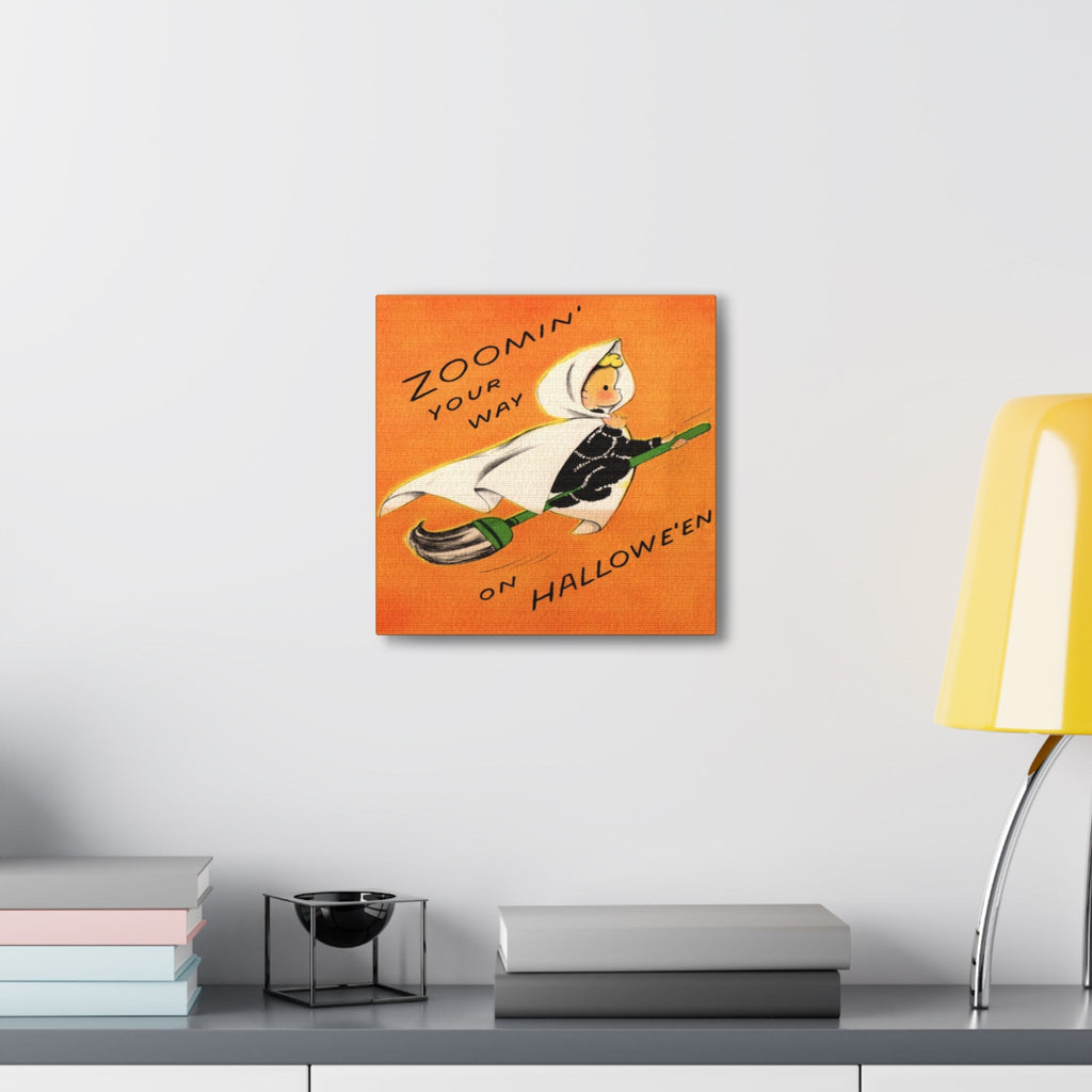 Zoomin' Your Way On Halloween Orange Witch On Broom Retro Halloween Decor Print Canvas Gallery Wrap
