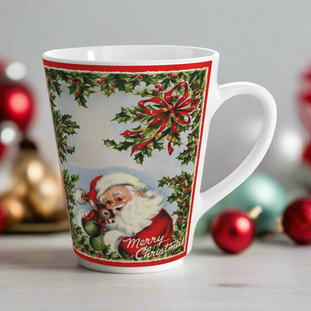 Merry Christmas Santa Hugging Baby Reindeer Retro Latte Coffee Mug