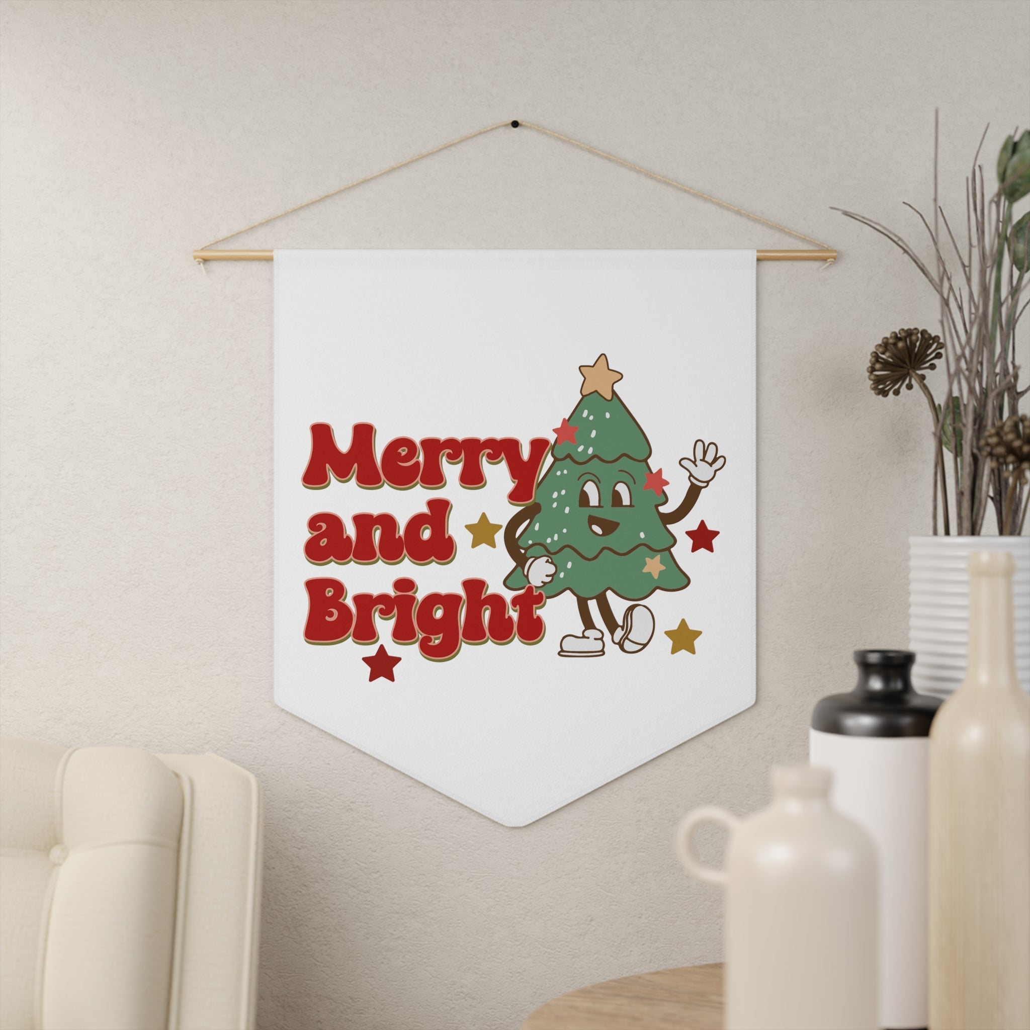 Merry And Bright Cute Christmas Tree Retro Style Christmas Wall Hanging Banner Flag