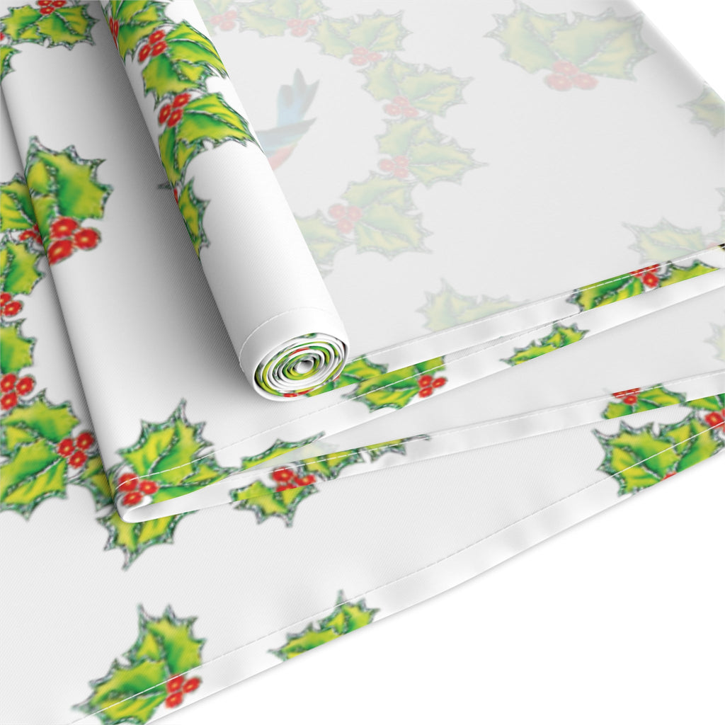 Christmas Bluebirds And Reindeer In Holly Berry Wreath Mid Century Retro Christmas Print Home Decor Cotton Poly Table Runner
