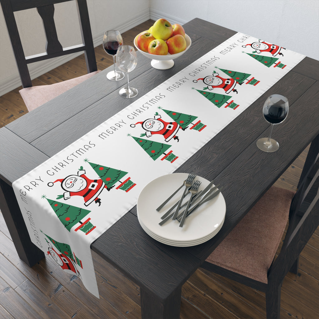 Merry Christmas Santa Christmas Trees Mid Century Retro Style Christmas Decor Red Cotton Poly Table Runner
