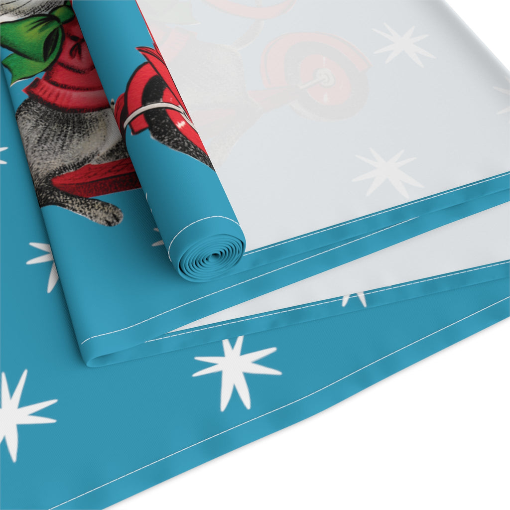 Christmas Mouse On Scooter Blue Mid Century Retro Christmas Print Home Decor Cotton Poly Table Runner