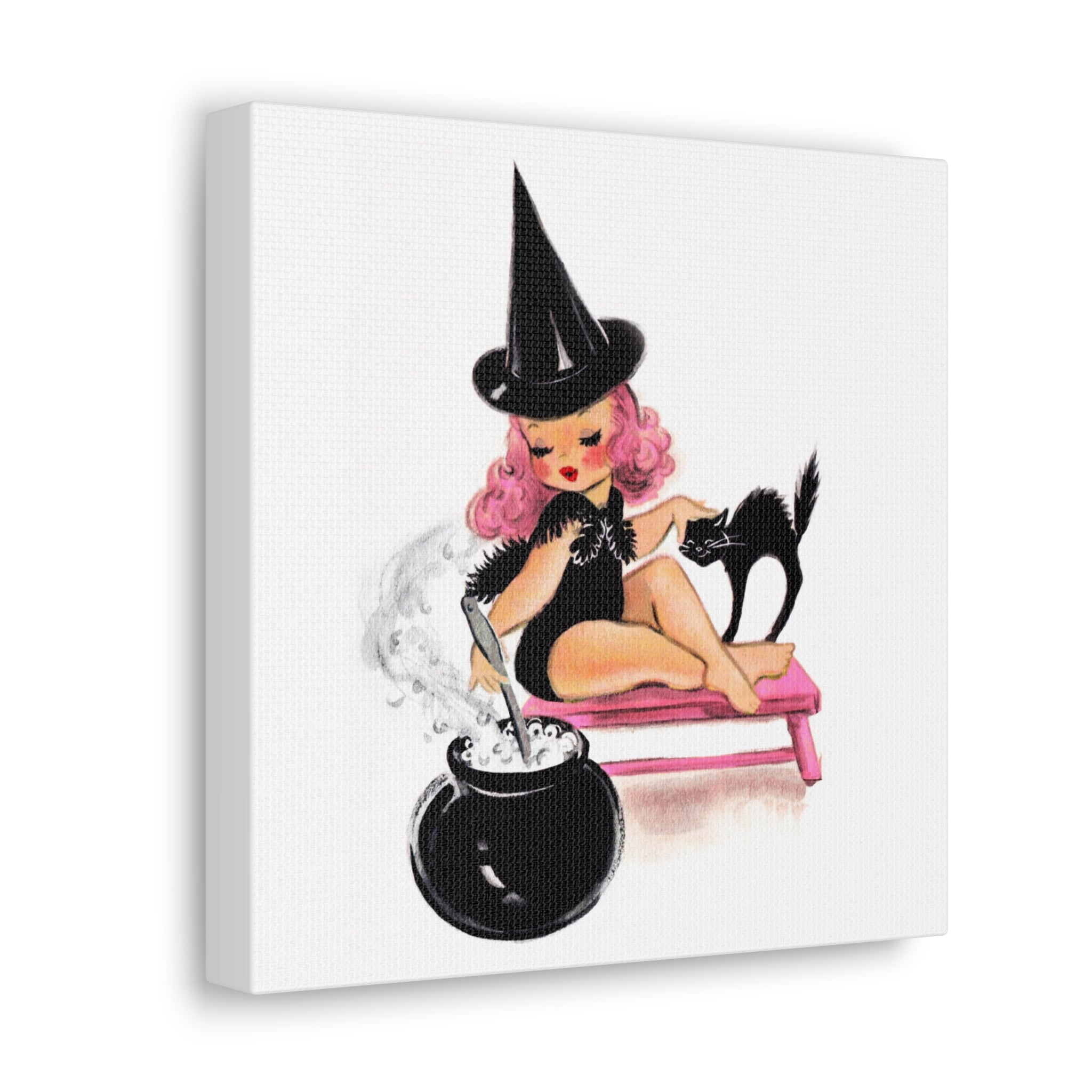 Pink Witch Black Cat Retro Halloween Decor Print Canvas Gallery Wrap