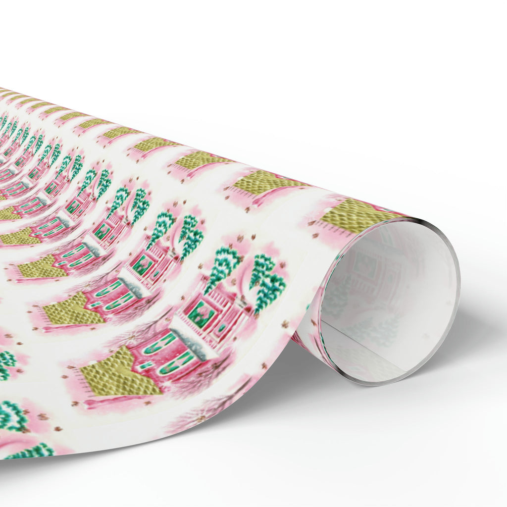 Pink Christmas House Mid Century Retro Christmas Print Holiday Gift Wrap Paper - Glossy Or Matte
