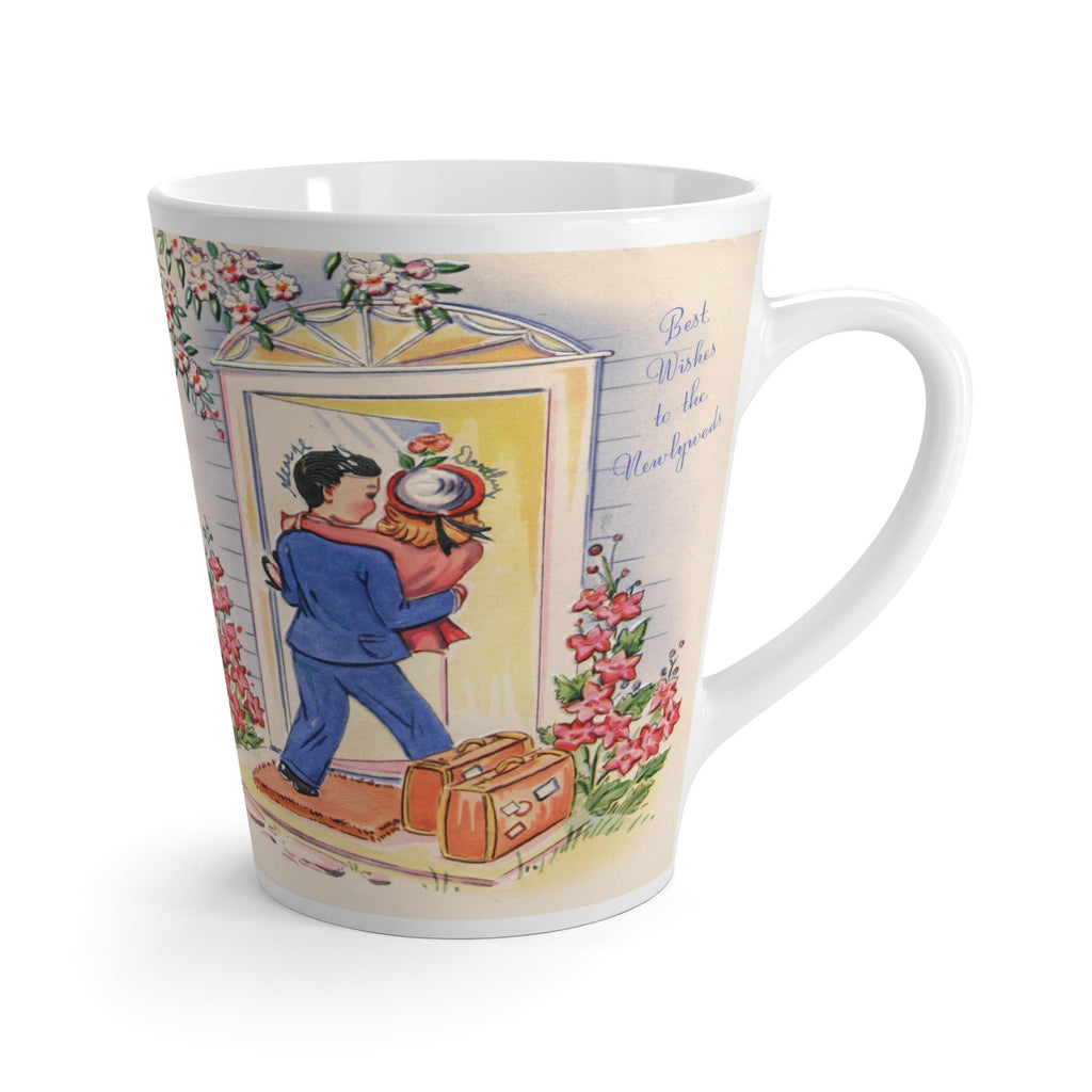 Midcentury New Beginnings: Retro Couple Crossing Threshold Latte Mug - Ideal Wedding & Housewarming Gift