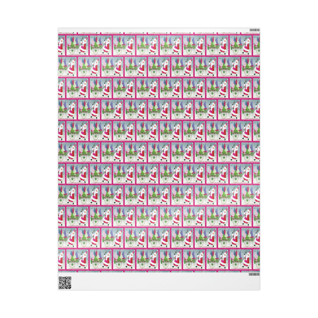 Pink Santa With Trees And Bell Mid Century Retro Christmas Print Holiday Gift Wrap Paper - Glossy Or Matte