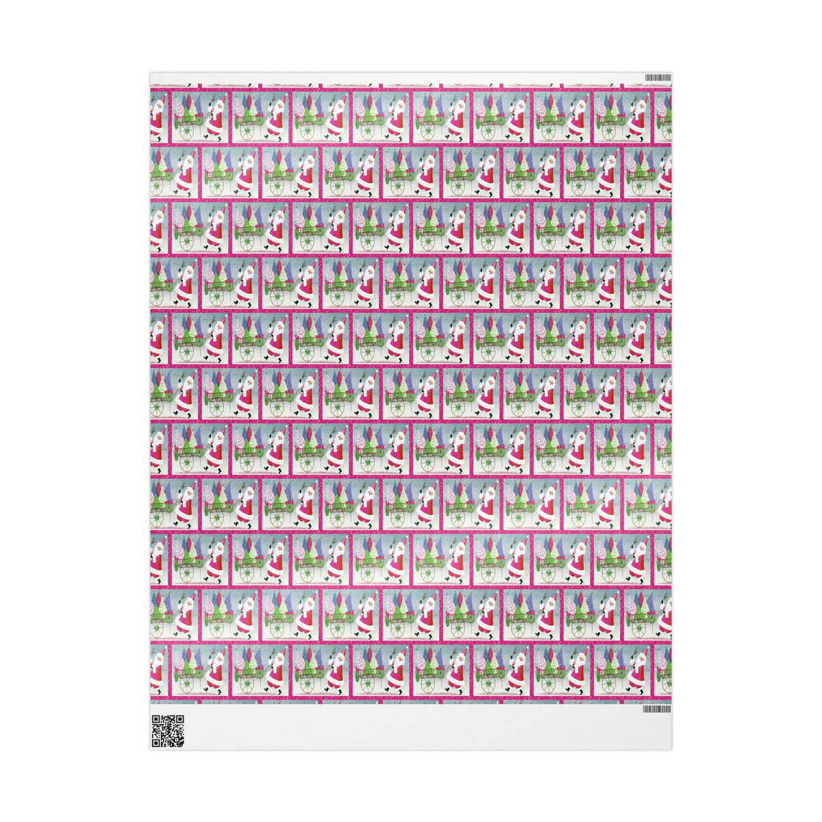 Pink Santa With Trees And Bell Mid Century Retro Christmas Print Holiday Gift Wrap Paper - Glossy Or Matte