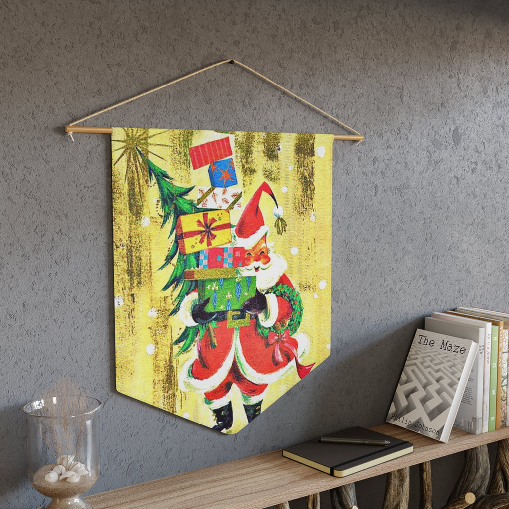 Santa With Presents And Christmas Tree Retro Christmas Print Wall Hanging Banner Flag