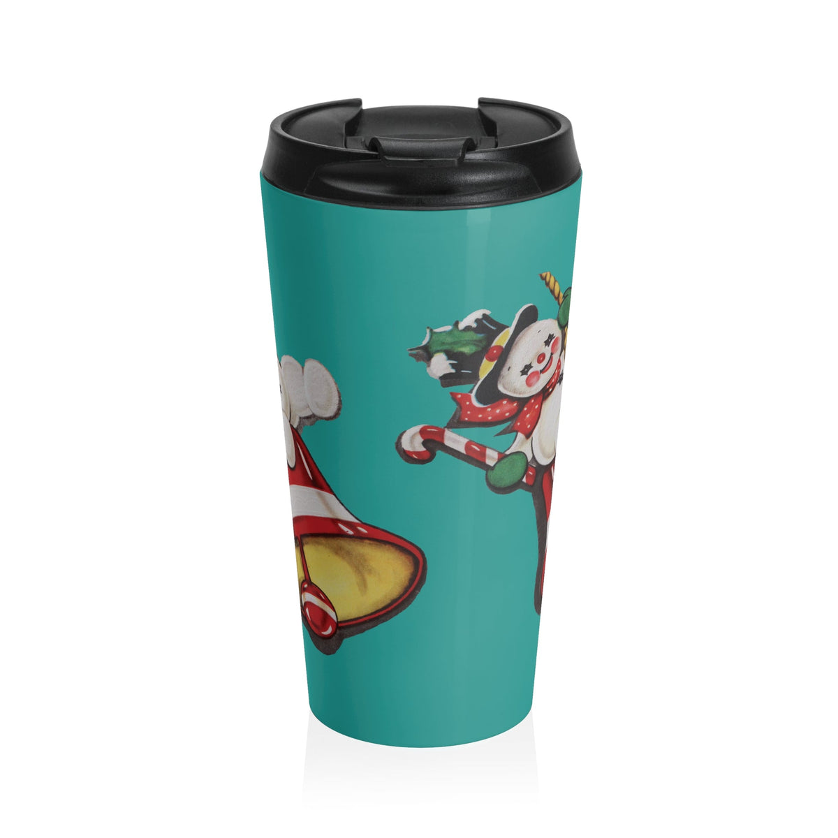 Cute Retro Snowman On Christmas Bell Mid Century Retro Christmas Print Turqoise Stainless Steel Travel Mug Tumbler 15oz