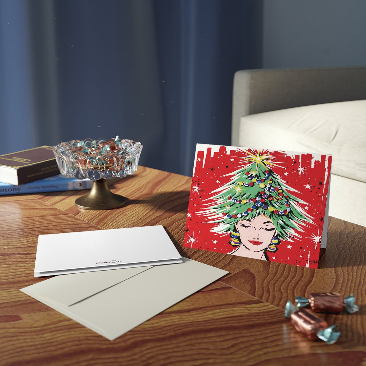 Christmas Tree Hat Lady Mid Century Retro Christmas Print Matte Greeting Cards (8, 16, and 24 pcs)