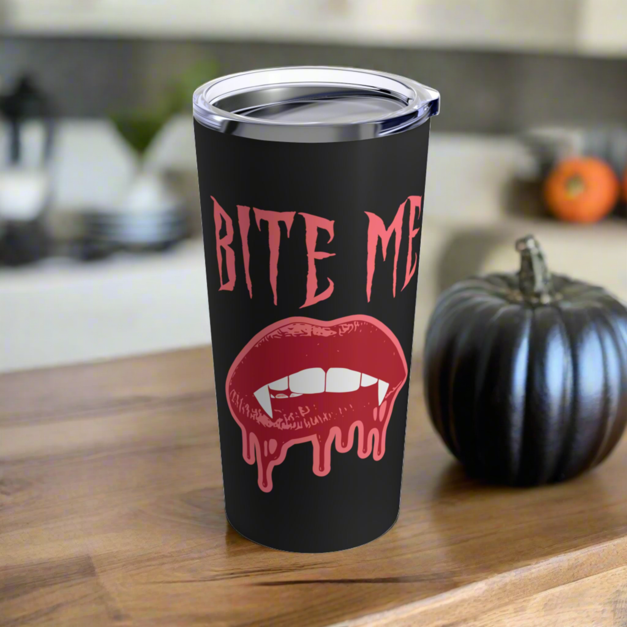 Bite Me Vampire Dracula Fangs Halloween Black Stainless Steel Tumbler 20oz