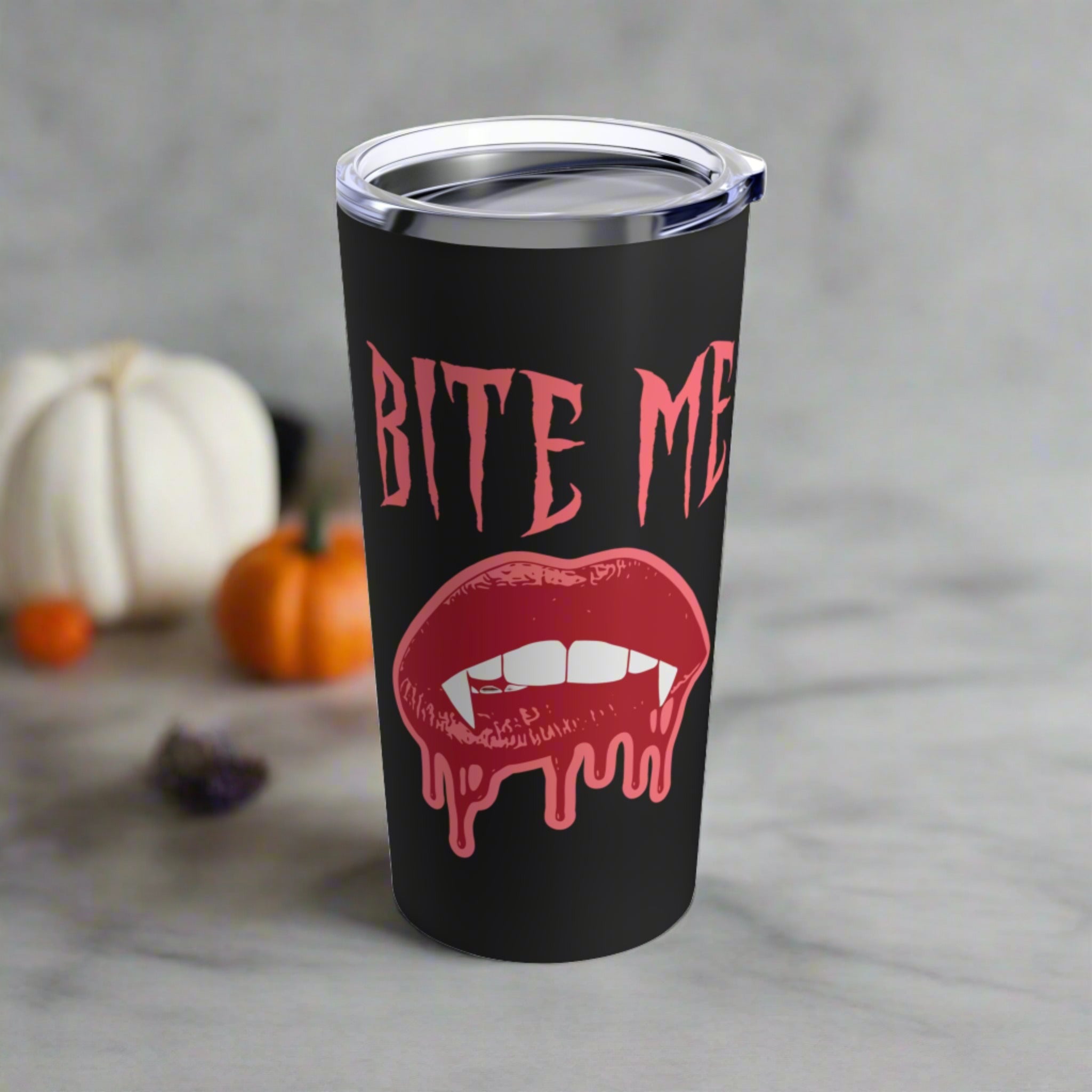 Bite Me Vampire Dracula Fangs Halloween Black Stainless Steel Tumbler 20oz