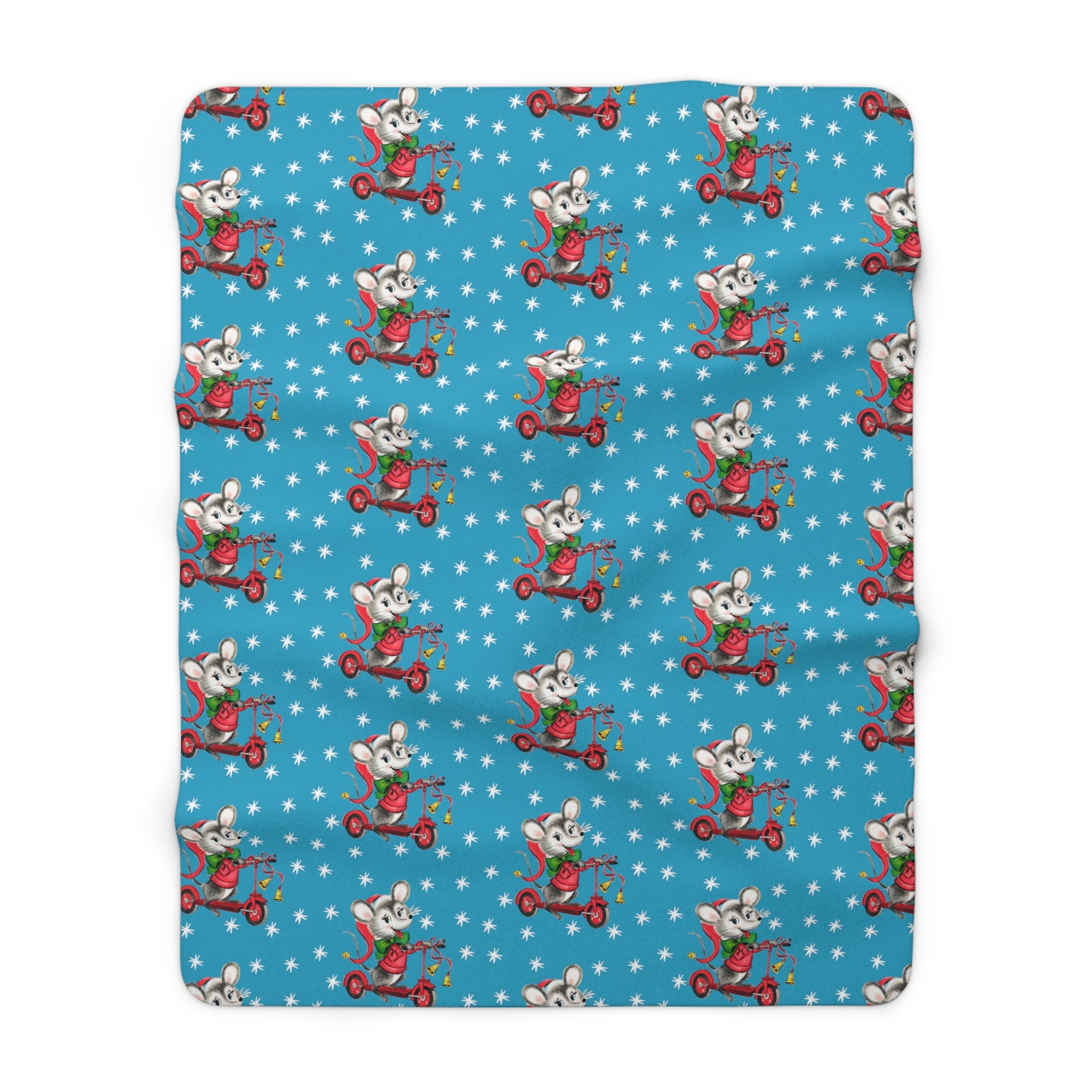 Christmas Mouse On Scooter Stars Blue Mid Century Retro Style Christmas Sherpa Fleece Blanket
