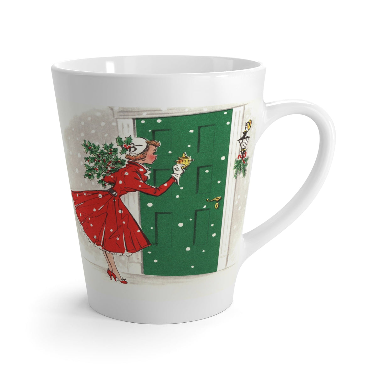 Christmas Lady In Red With Pine Retro Christmas Print Latte Coffee Mug