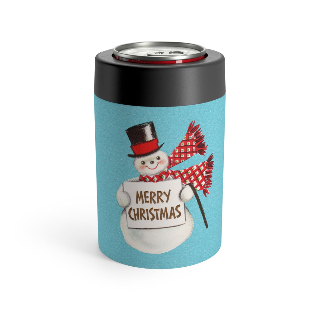 Merry Christmas Snowman Blue Background Mid Century Retro Christmas Print Stainless Steel Can Holder