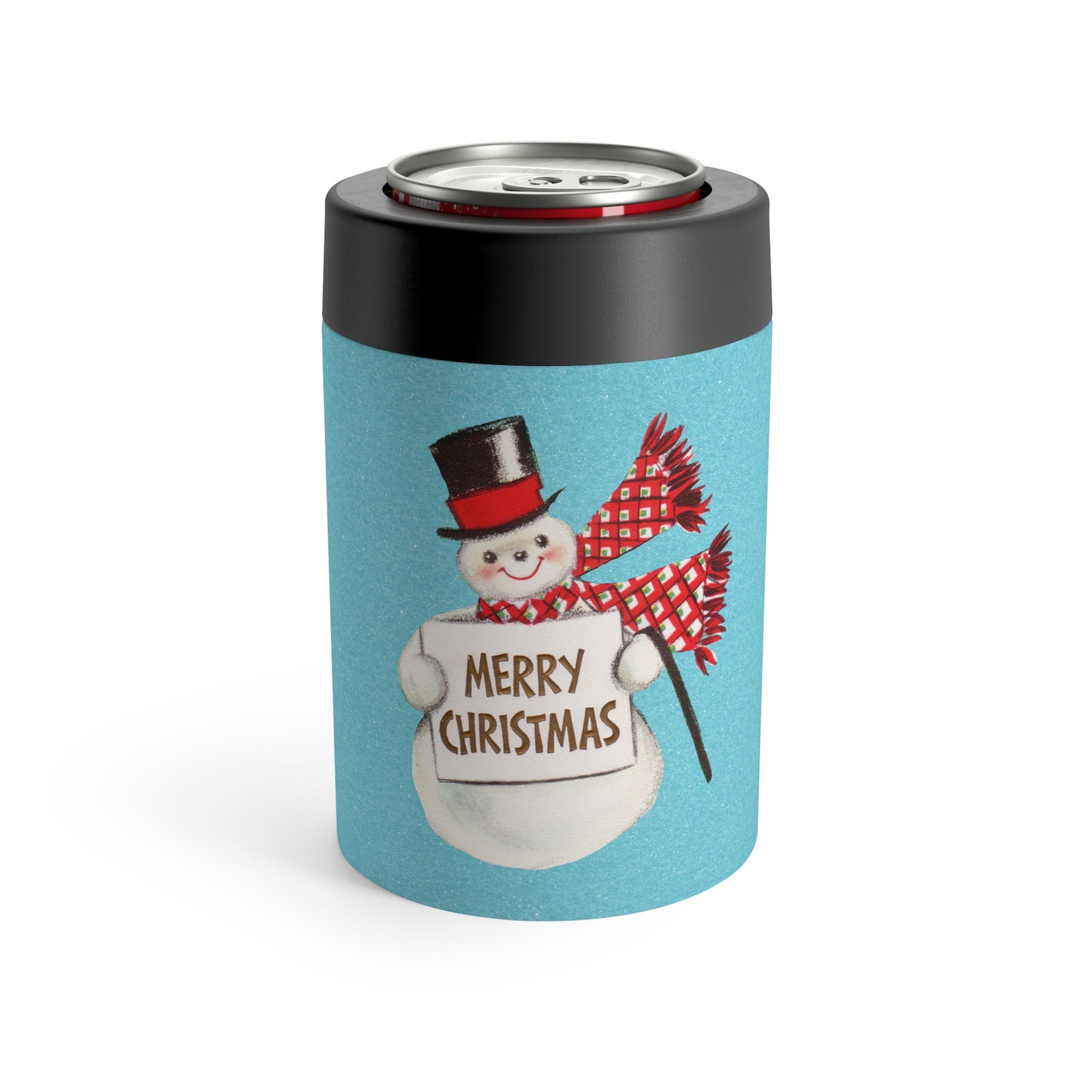 Merry Christmas Snowman Blue Background Mid Century Retro Christmas Print Stainless Steel Can Holder