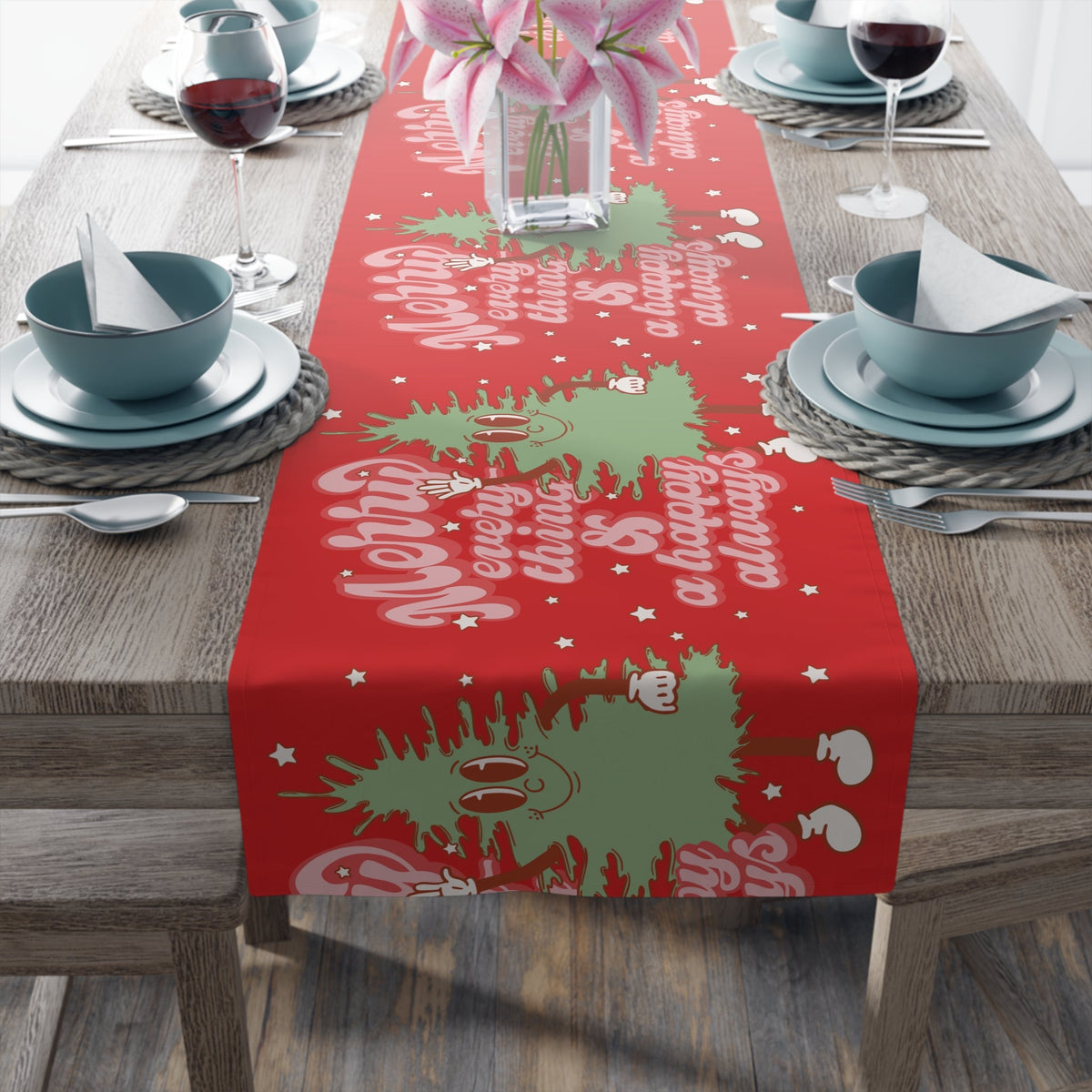 Merry Everything And A Happy Always Cute Christmas Tree Retro Style Red Christmas Decor Cotton Poly Table Runner