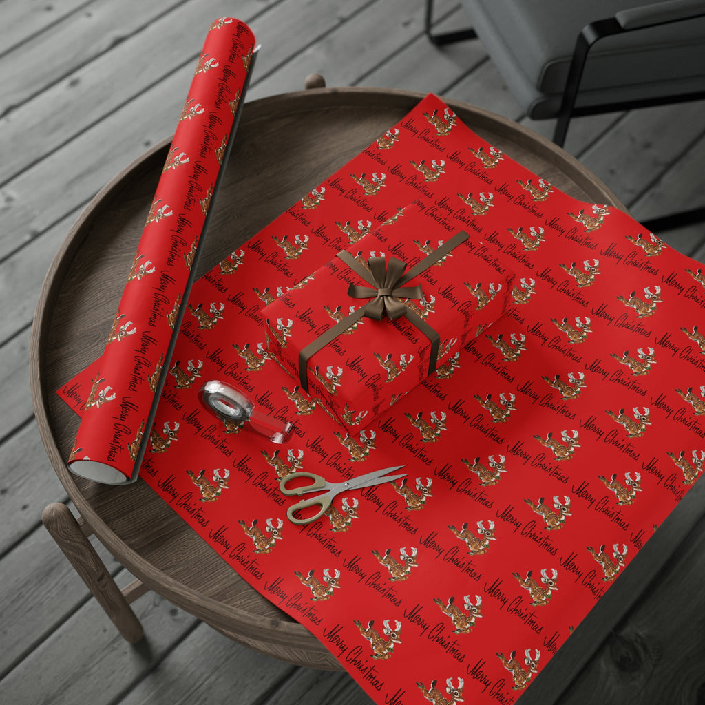 Merry Christmas Leaping Reindeer Red Mid Century Retro Christmas Print Holiday Gift Wrap Paper - Glossy Or Matte