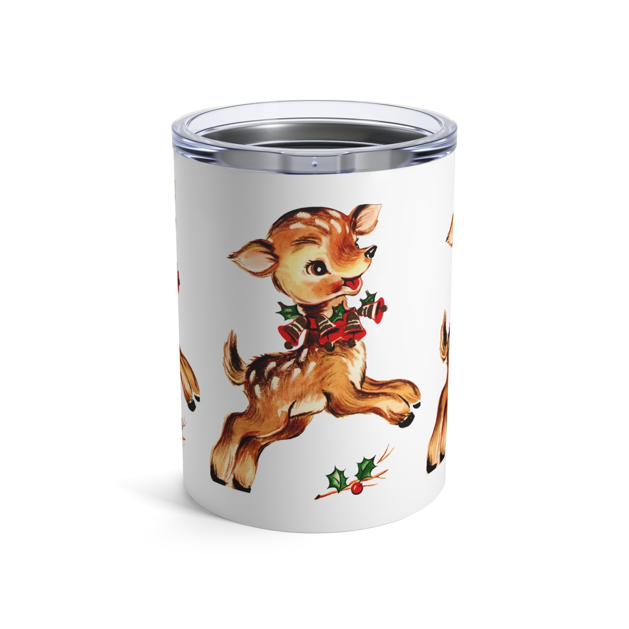 Reindeer With Holly Retro Christmas Print Stainless Steel Tumbler 10oz