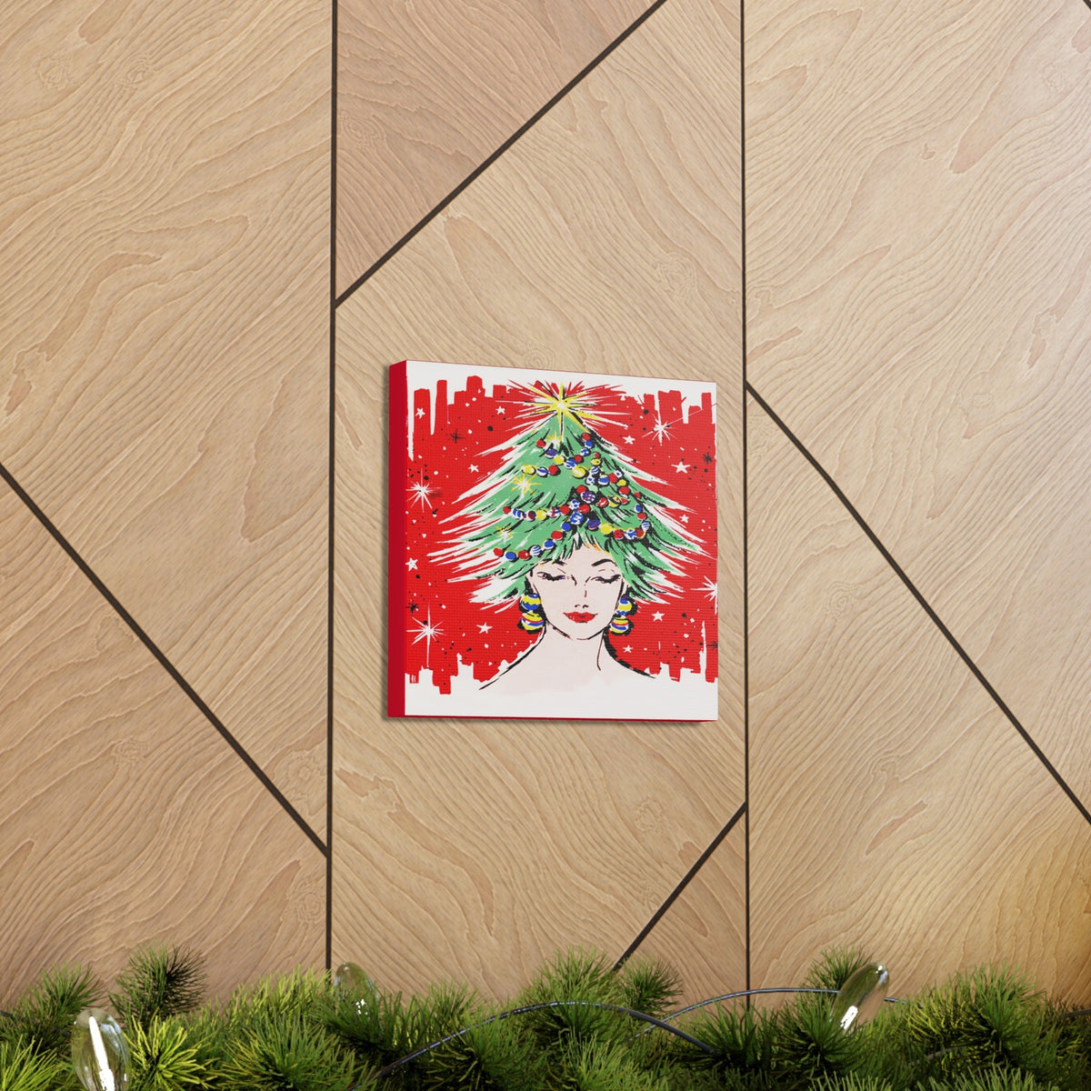 Christmas Tree Hat Lady 50s Mid Century Retro Christmas Print Canvas Gallery Wrap