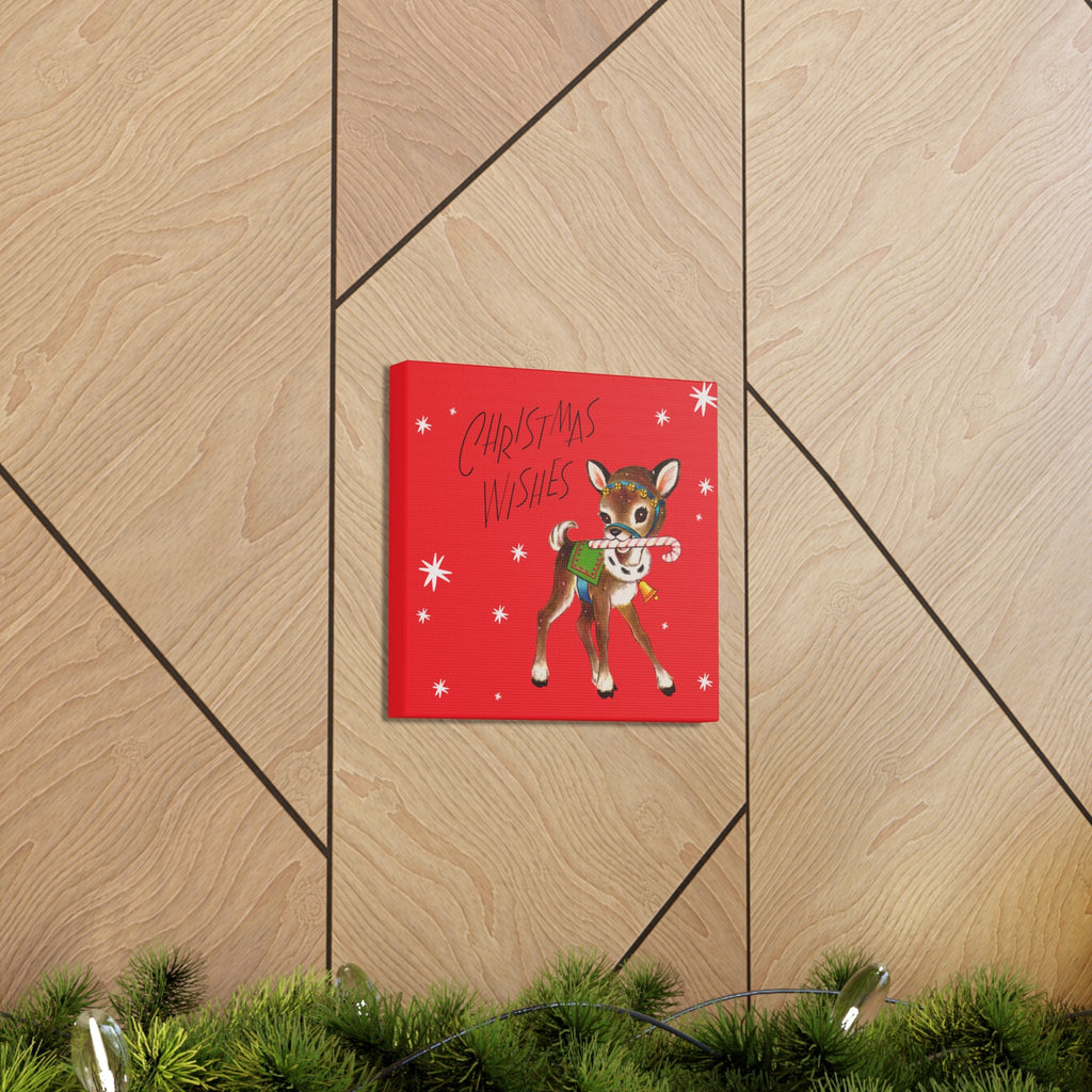 Christmas Wishes Cute Reindeer Mid Century Retro Christmas Canvas Gallery Wrap