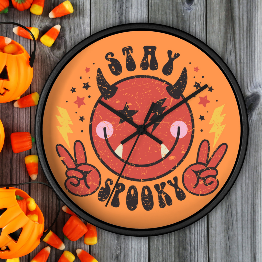 Stay Spooky Cute Devil Distressed Halloween Print Black Wall Clock