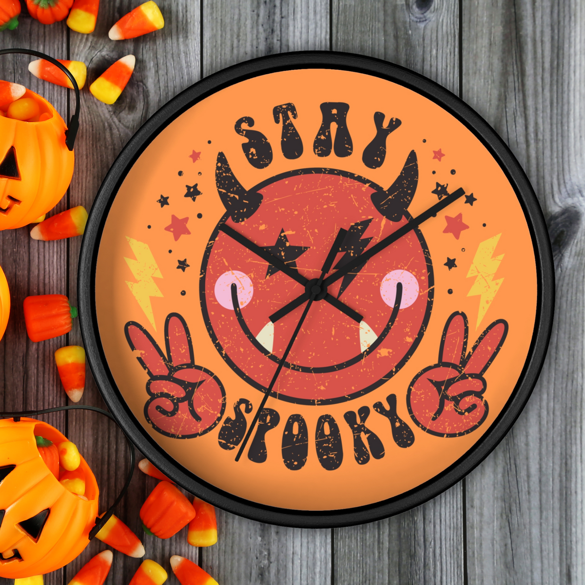Stay Spooky Cute Devil Distressed Halloween Print Black Wall Clock