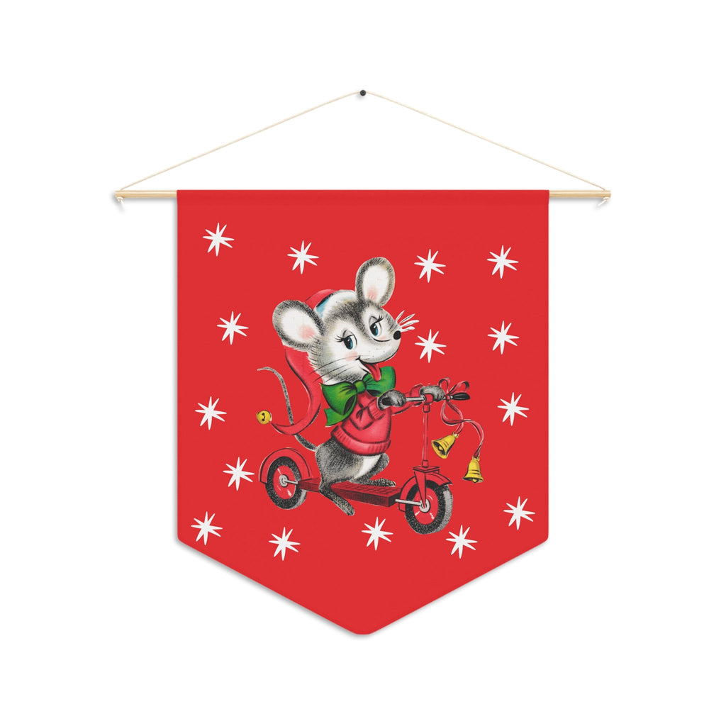 Christmas Mouse On Scooter Stars Red Retro Mid Century Christmas Print Style Decor Print Wall Hanging Banner Flag