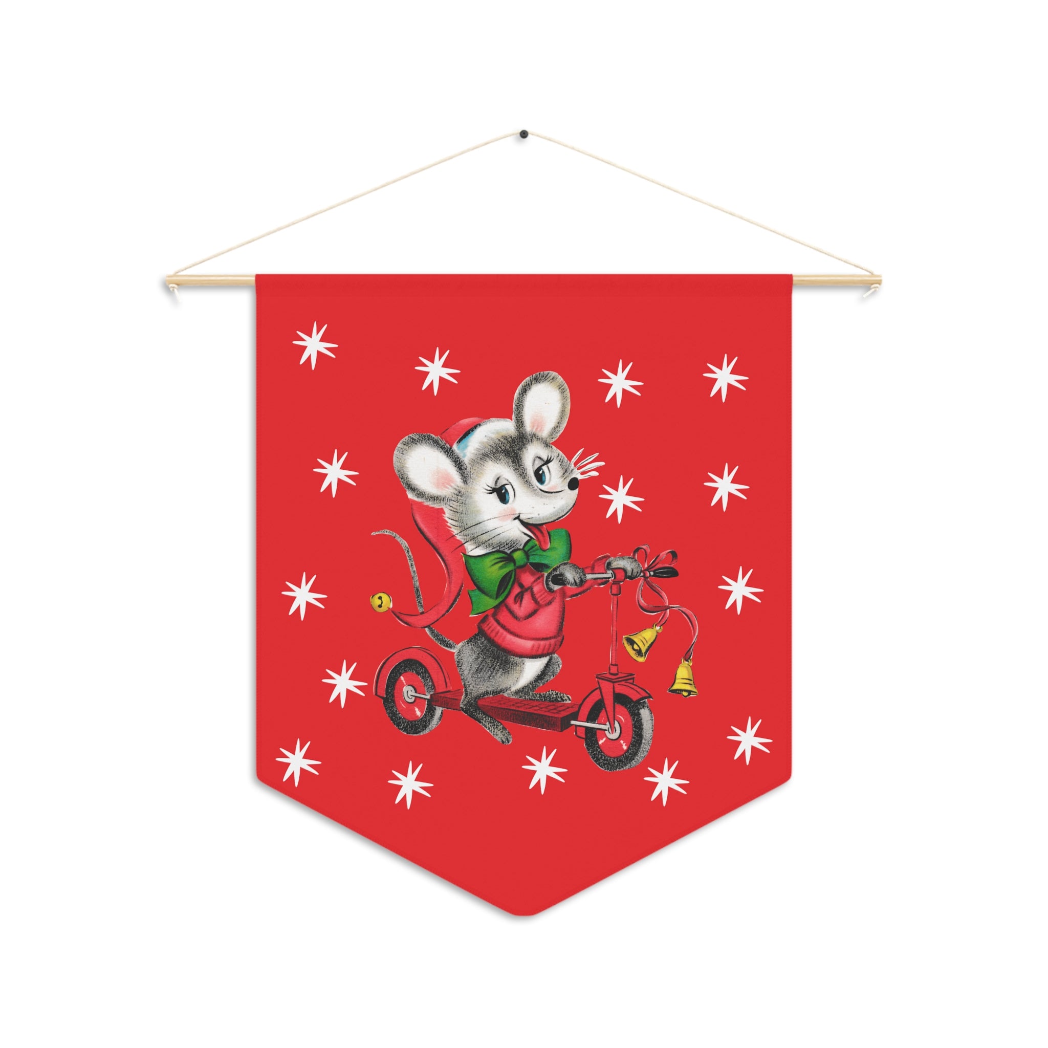 Christmas Mouse On Scooter Stars Red Retro Mid Century Christmas Print Style Decor Print Wall Hanging Banner Flag
