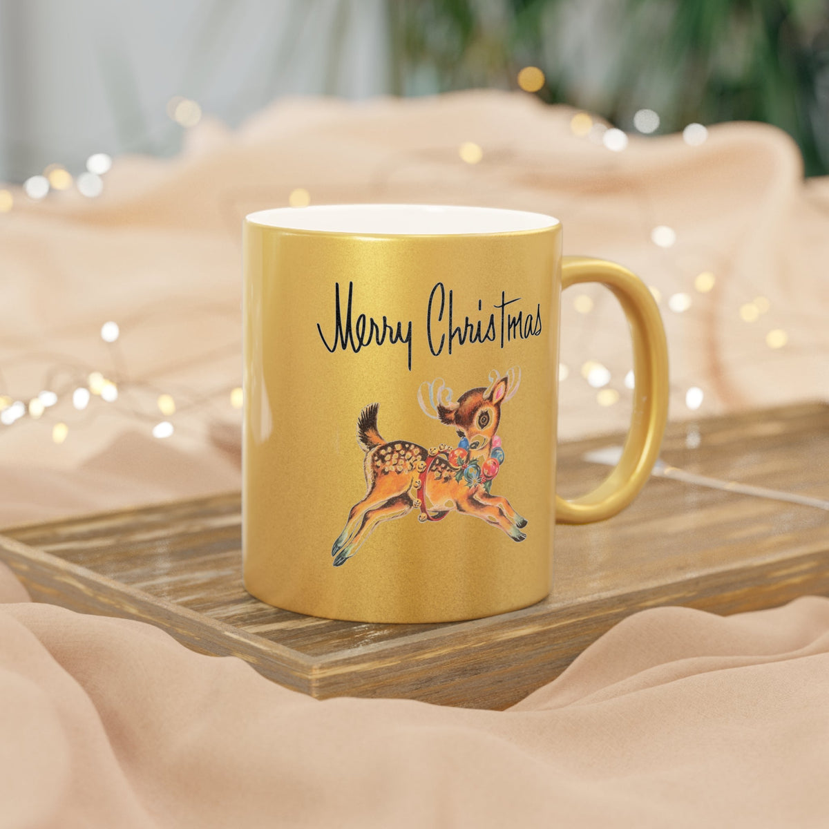 Merry Christmas Mid Century Retro Reindeer Print Gold Metallic Mug