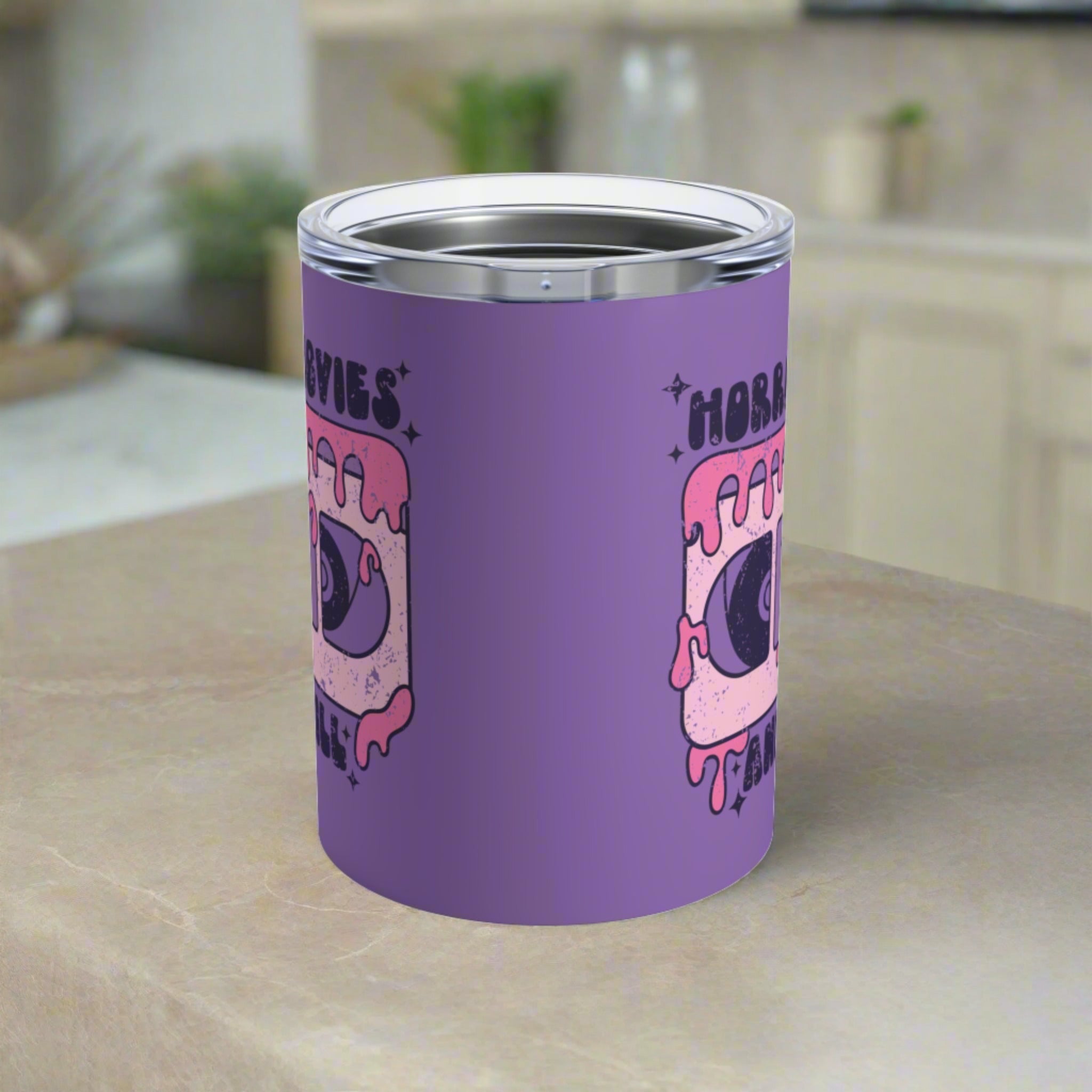 Horror Movies And Chill VHS Distressed Purple Halloween Retro Stainless Steel Tumbler 10oz