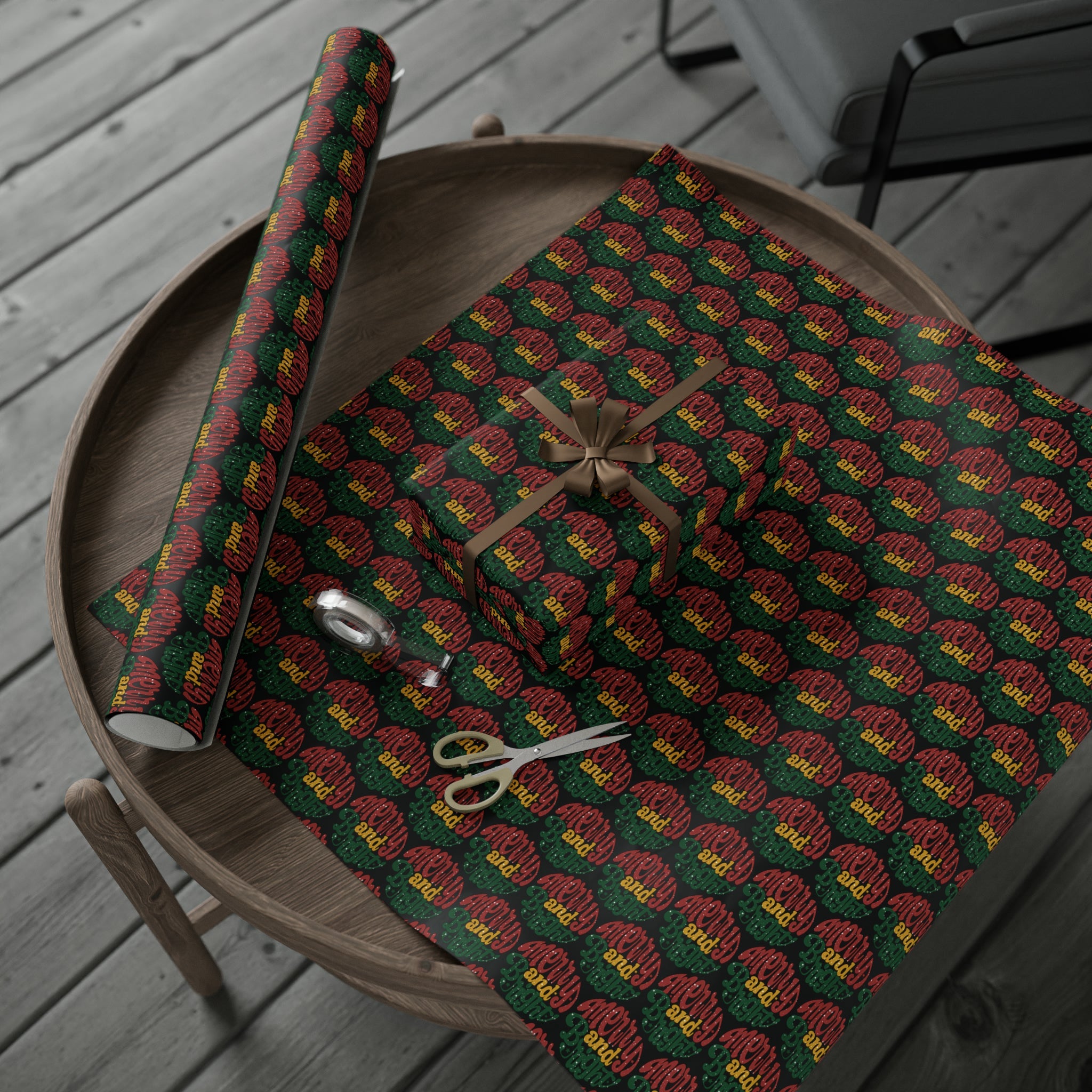 Merry And Bright Black Christmas Print Holiday Gift Wrap Paper - Glossy Or Matte