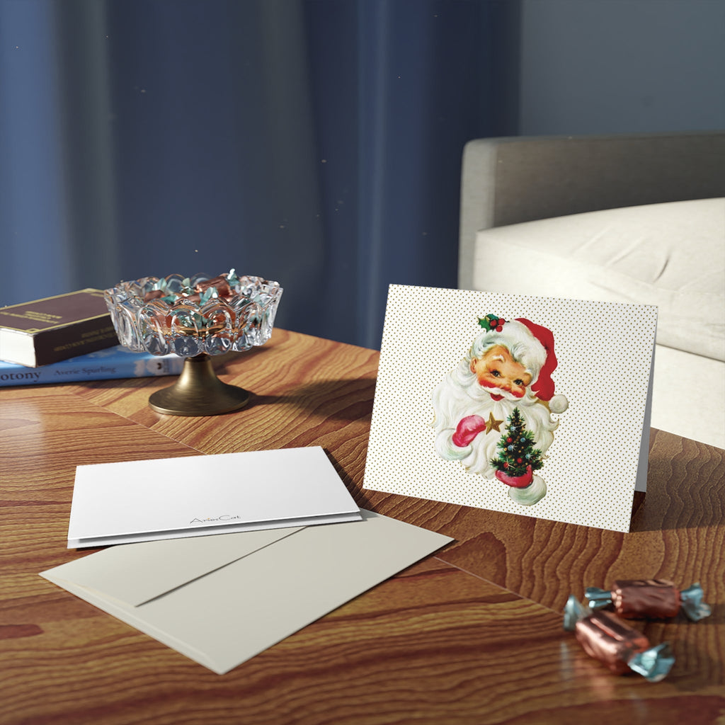 Santa With Little Christmas Tree Mid Century Retro Christmas Print Matte Greeting Cards (8, 16, and 24 pcs)