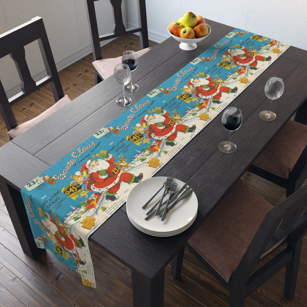 Santa Claus Is Coming To Town Record Cover Retro Mid Century Christmas Print Home Decor Cotton Poly Table Runner