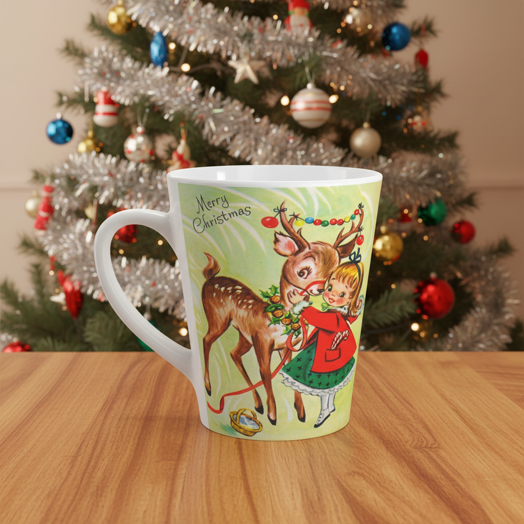 Merry Christmas Girl With Reindeer Retro Christmas Print Latte Coffee Mug