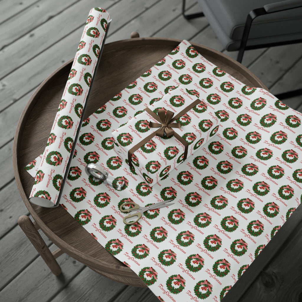 Merry Christmas Wreath Retro Christmas Print Holiday Gift Wrap Paper - Glossy Or Matte