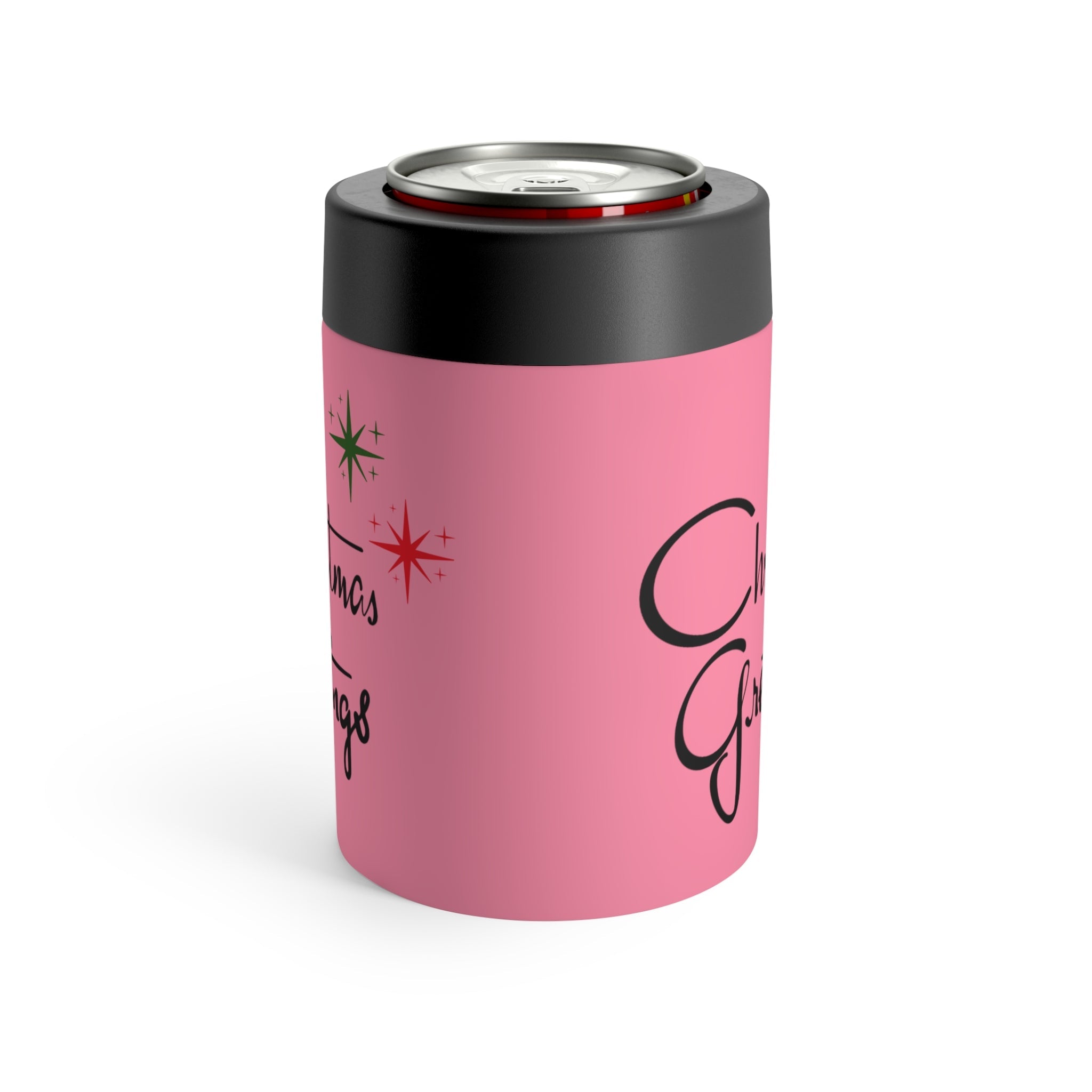 Christmas Greetings Starburst Pink Mid Century Retro Christmas Print Stainless Steel Can Holder