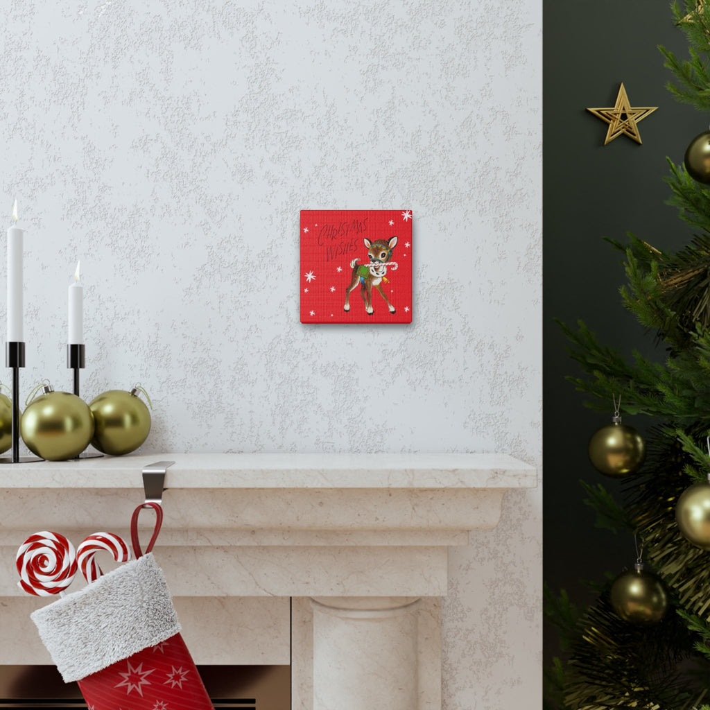 Christmas Wishes Cute Reindeer Mid Century Retro Christmas Canvas Gallery Wrap