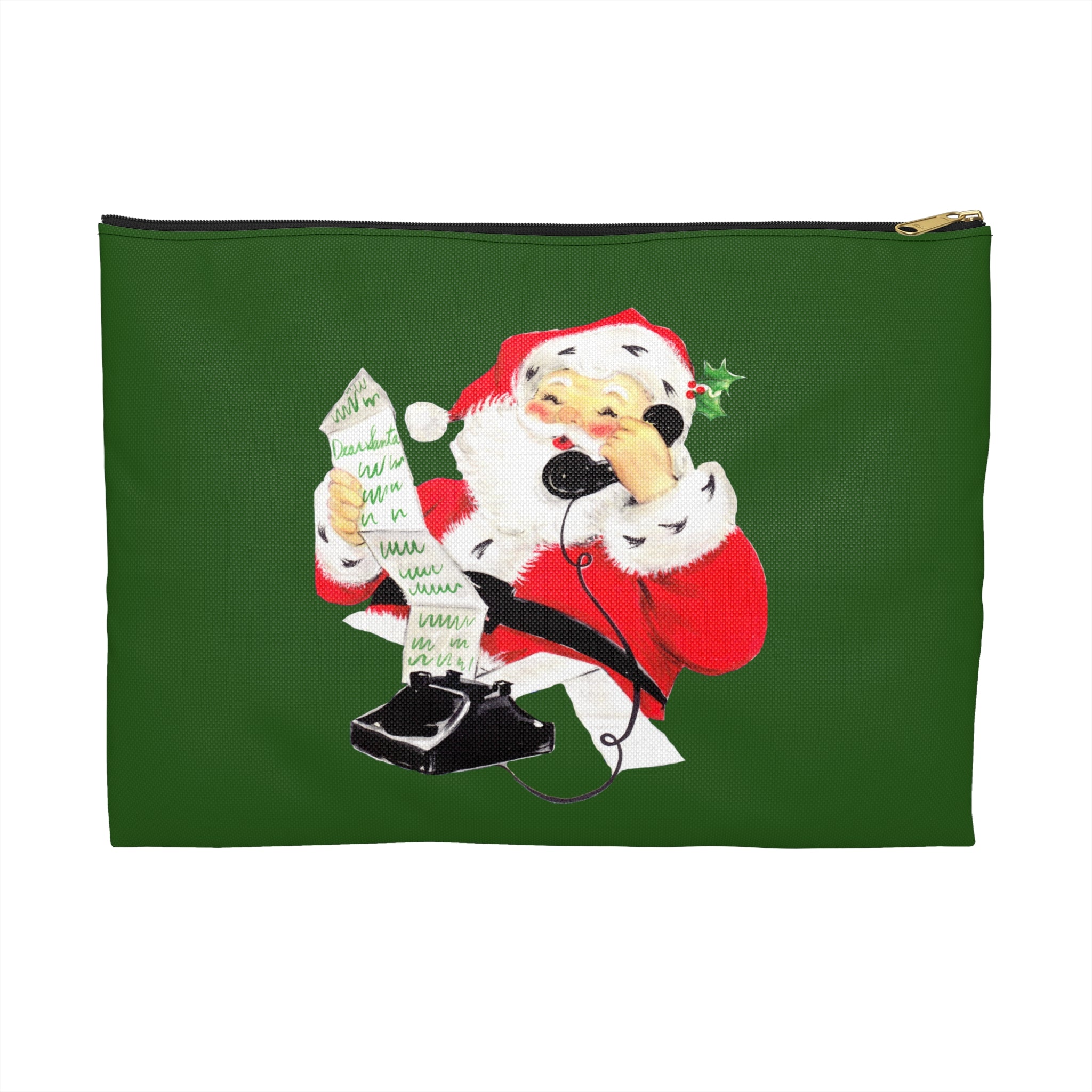Santa Checking His List On Telephone Mid Century Retro Christmas Print Accessory Polyester Pouch Travel Bag