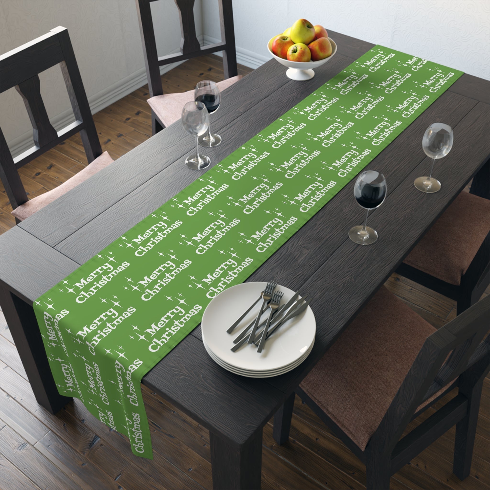 Merry Christmas Starburst Atomic Mid Century Retro Style Christmas Decor Green Cotton Poly Table Runner