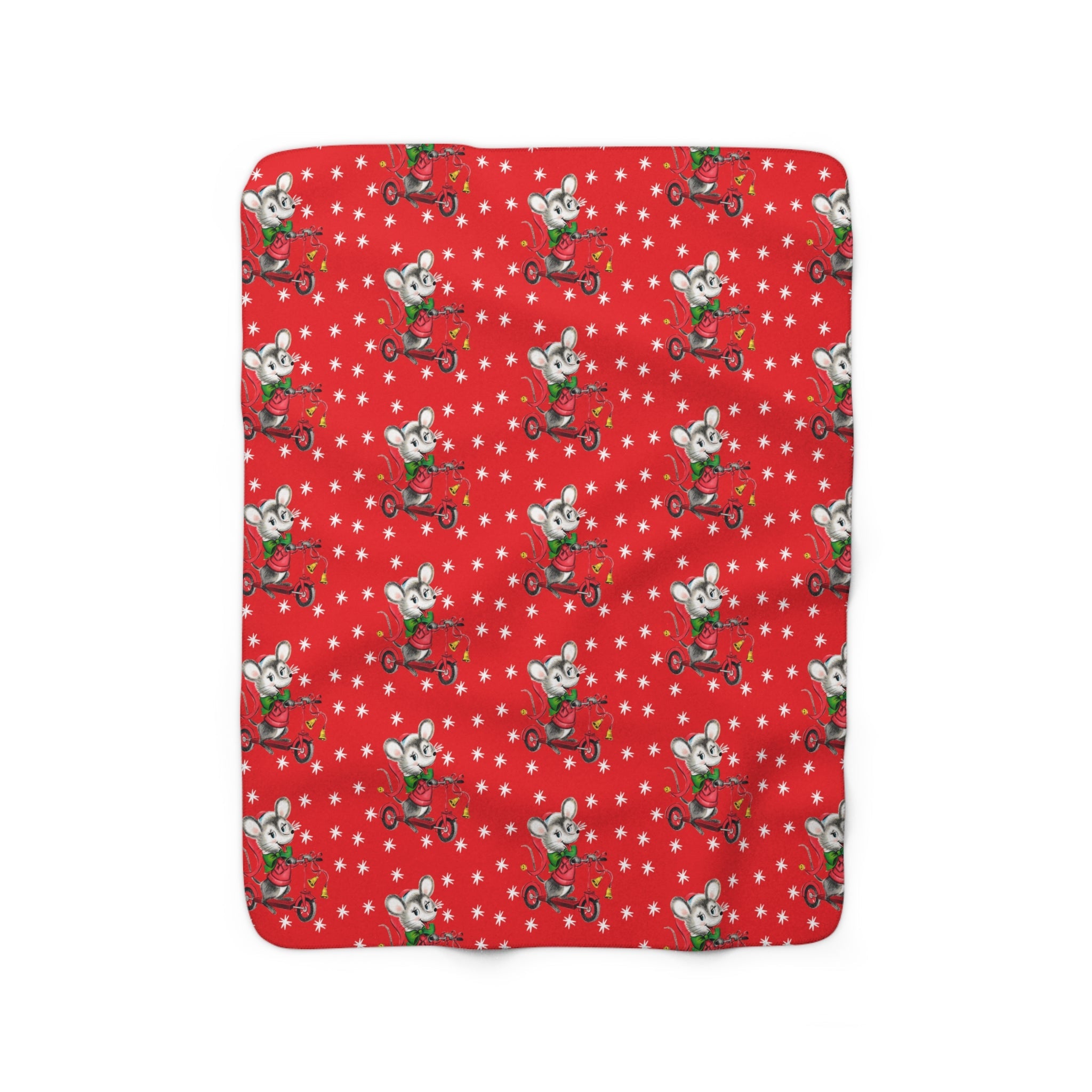 Christmas Mouse On Scooter Stars Red Mid Century Retro Style Christmas Sherpa Fleece Blanket
