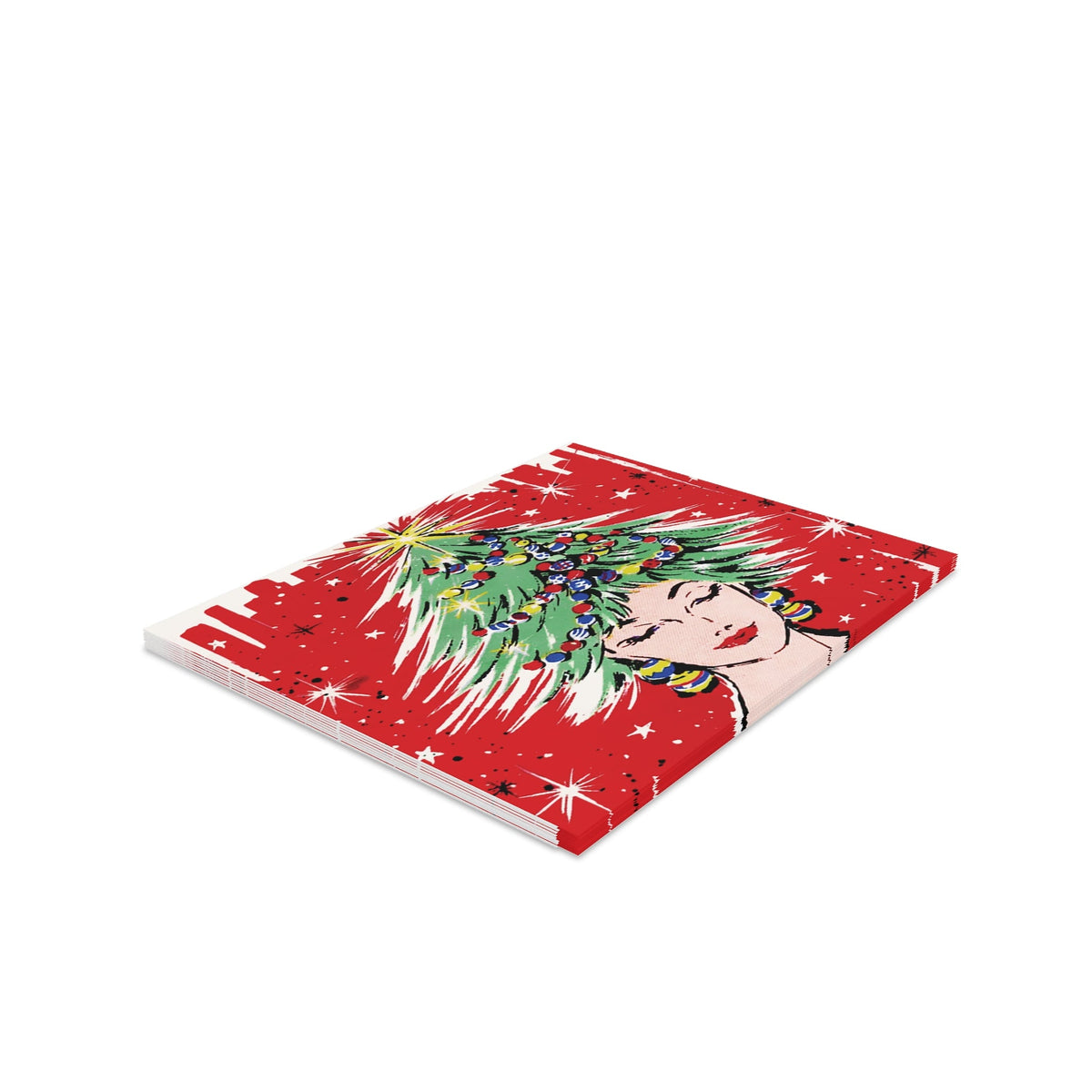 Christmas Tree Hat Lady Mid Century Retro Christmas Print Matte Greeting Cards (8, 16, and 24 pcs)