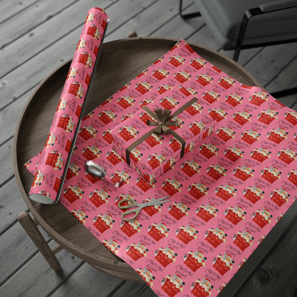 Christmas Wishes Santa In Chimney Pink Mid Century Retro Christmas Style Holiday Gift Wrap Paper - Glossy Or Matte