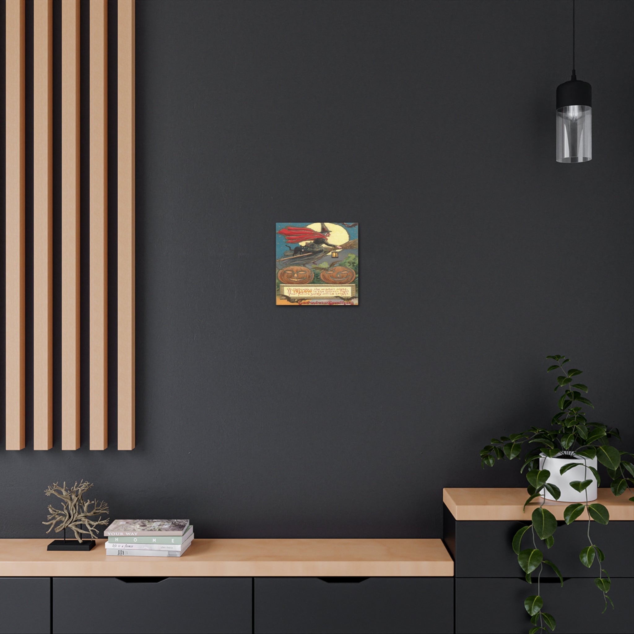 Witch Black Cat Retro Halloween Decor Print Canvas Gallery Wrap