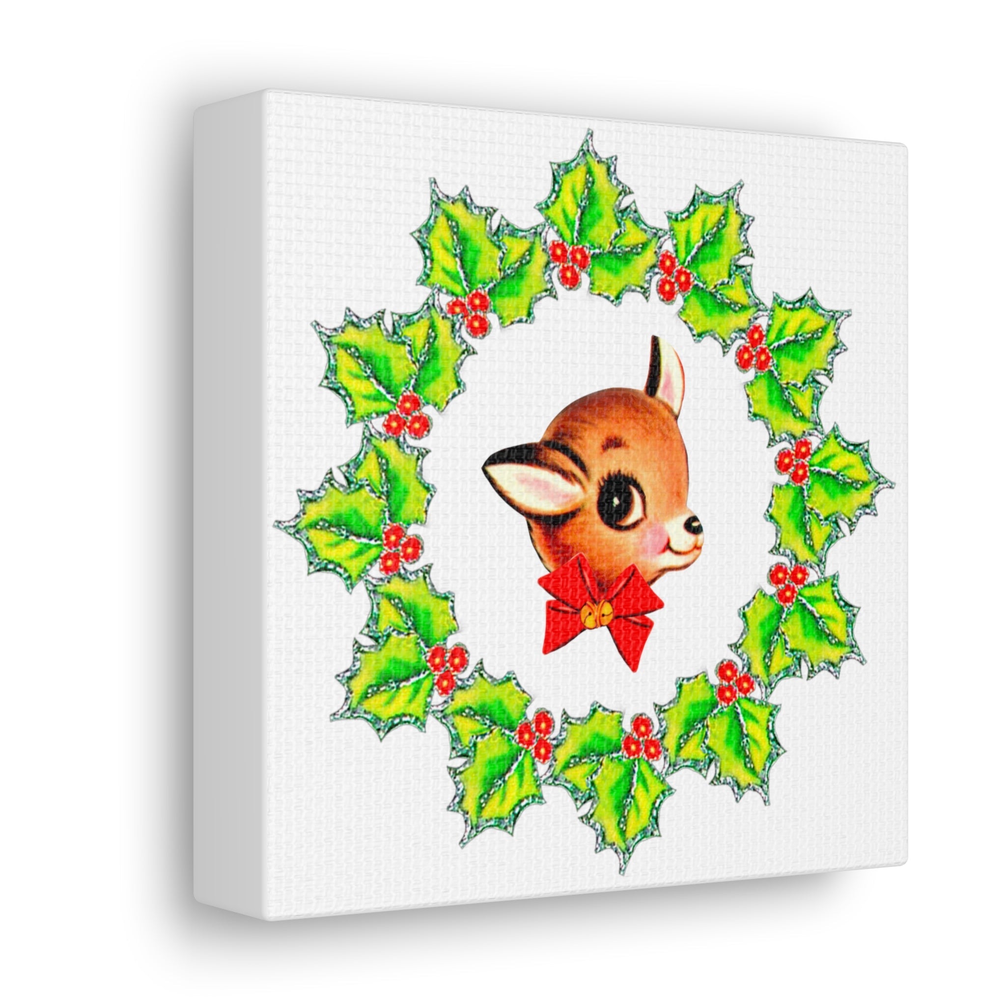 Reindeer With Holly Mid Century Retro Christmas Canvas Gallery Wrap